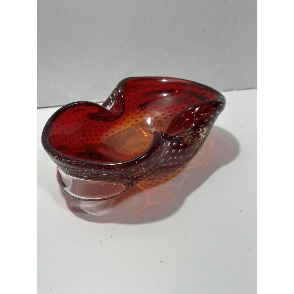 Vintage Hand Blown Glass‎ Murano Red Amber Bubble Glass Dish Luxury Ashtray